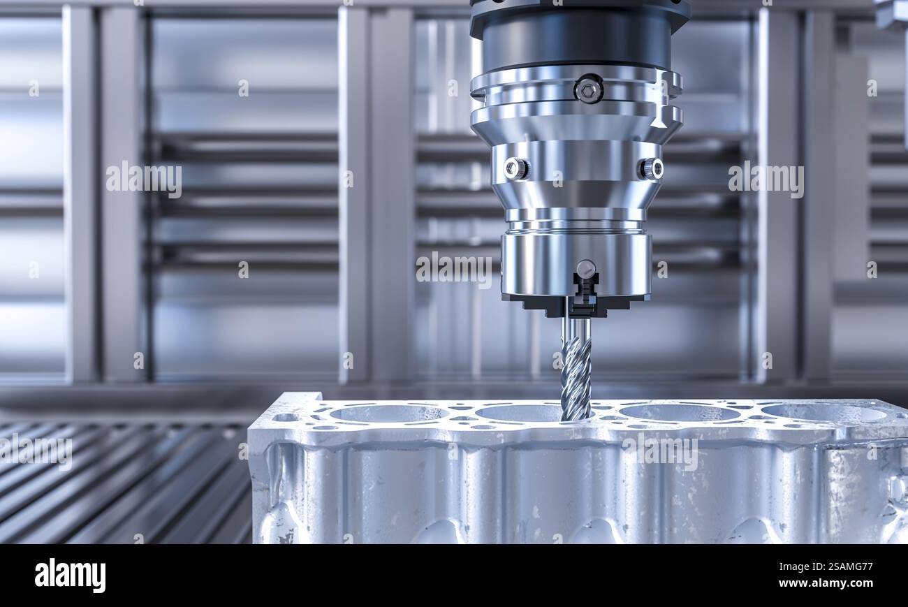 Fraiseuse CNC travaillant sur le bloc moteur dans l'usine moderne 3D. Banque D'Images