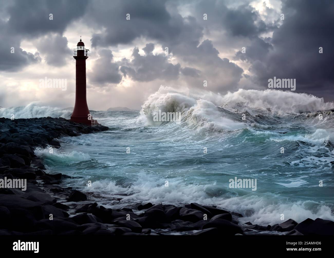 Lumière tôt le matin et un phare et la mer agitée sur la côte ouest de l'Irlande Banque D'Images