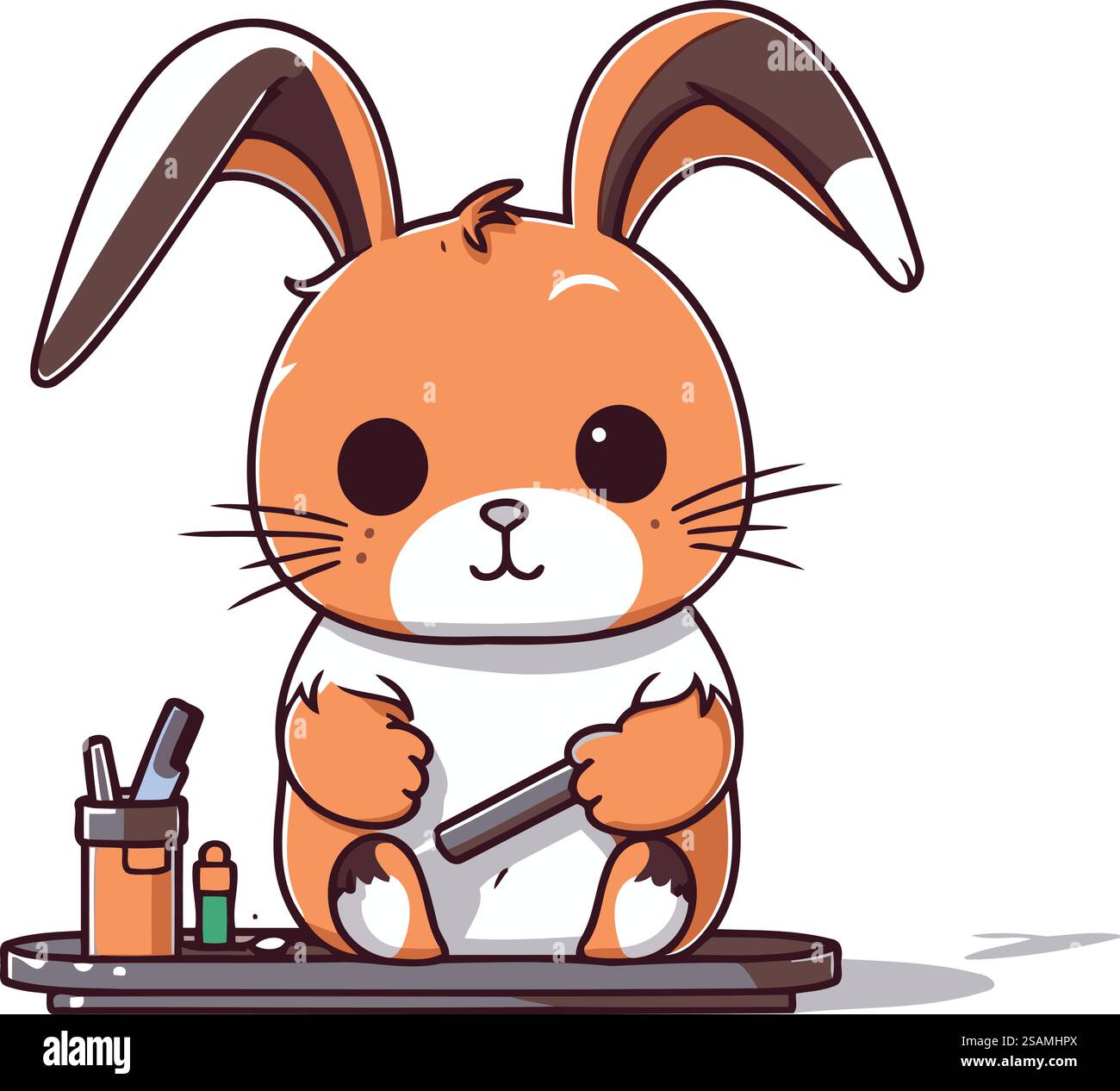 Mignon lapin avec crayon et pinceau. Illustration de dessin animé vectoriel. Illustration de Vecteur