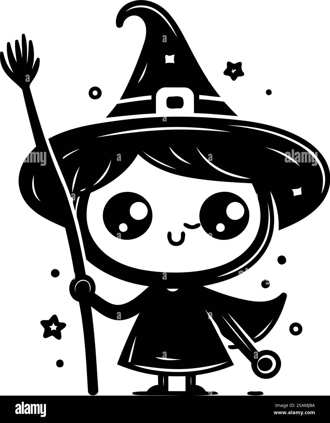 Illustration en noir et blanc d'une mignonne petite sorcière tenant une baguette magique Illustration de Vecteur