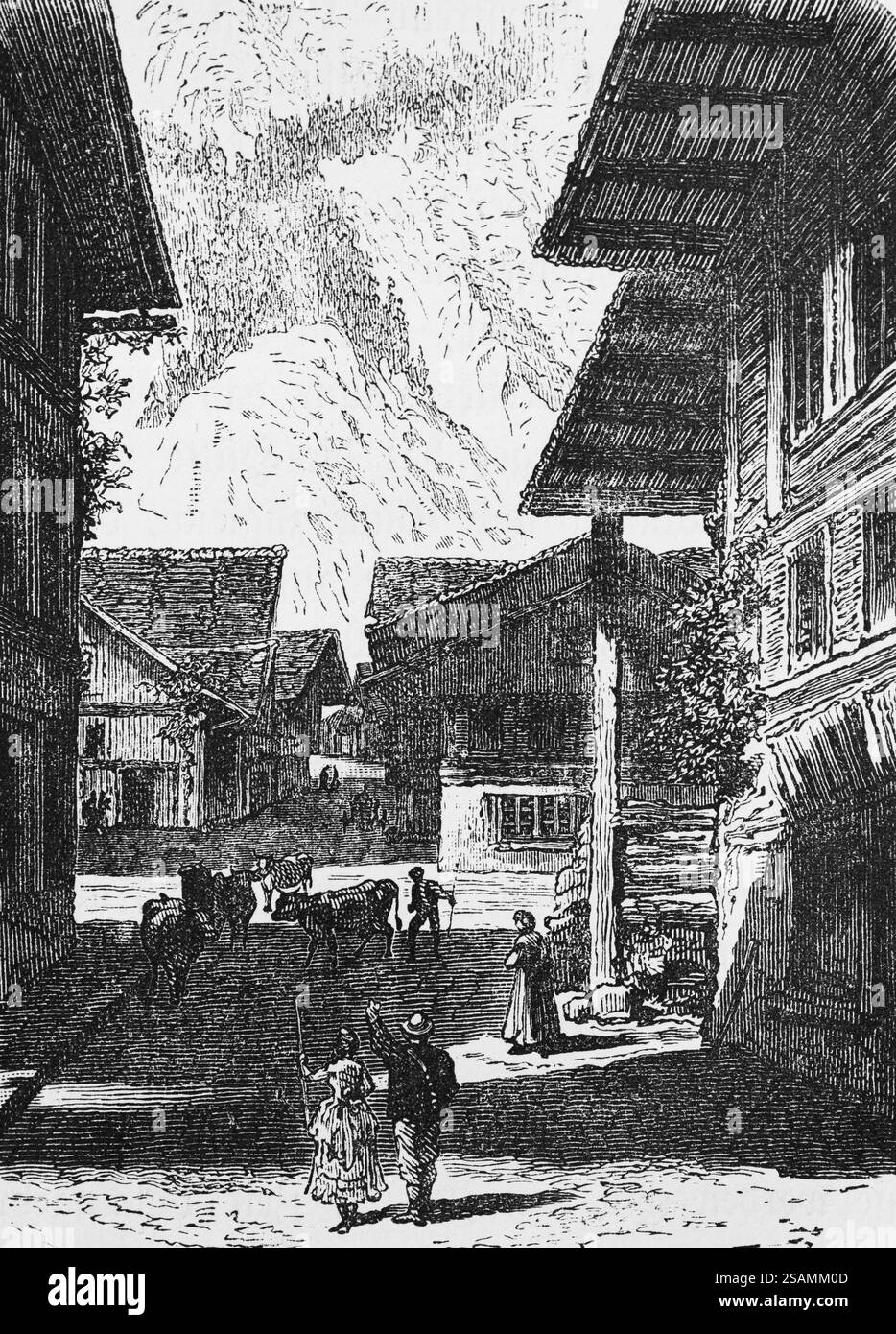 Vue sur le village avec des maisons en bois dans l'Oberland bernois, route non pavée avec du bétail, la vie quotidienne, les gens portant le costume traditionnel traditionnel, trav Banque D'Images