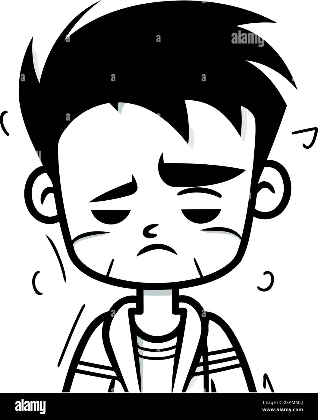 Illustration vectorielle de personnage de dessin animé triste garçon. Icône noir et blanc Angry boy. Illustration de Vecteur
