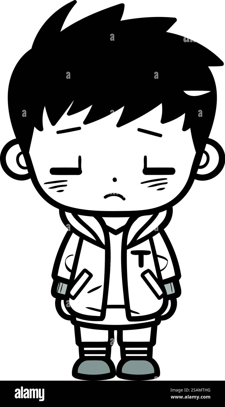 Garçon agacé dans l'illustration de dessin animé de vêtements d'hiver sur fond blanc. Illustration de Vecteur