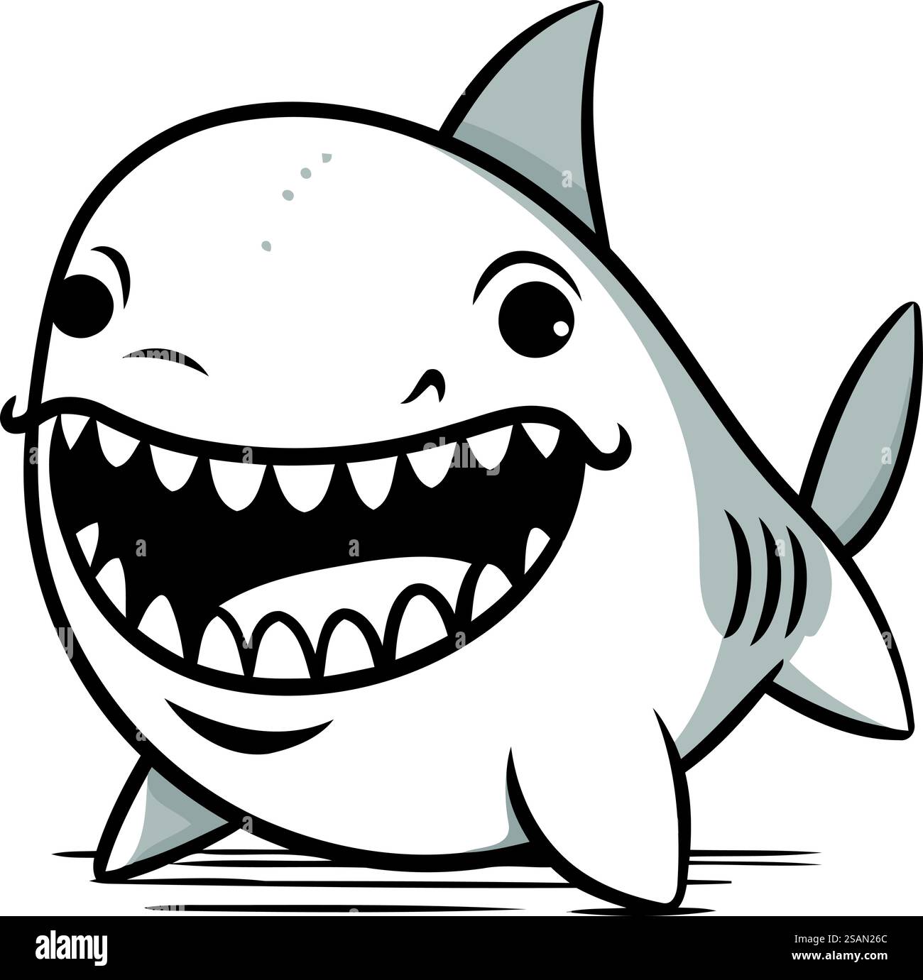 Personnage de dessin animé requin. Illustration vectorielle d'un requin drôle. Noir et blanc Illustration de Vecteur