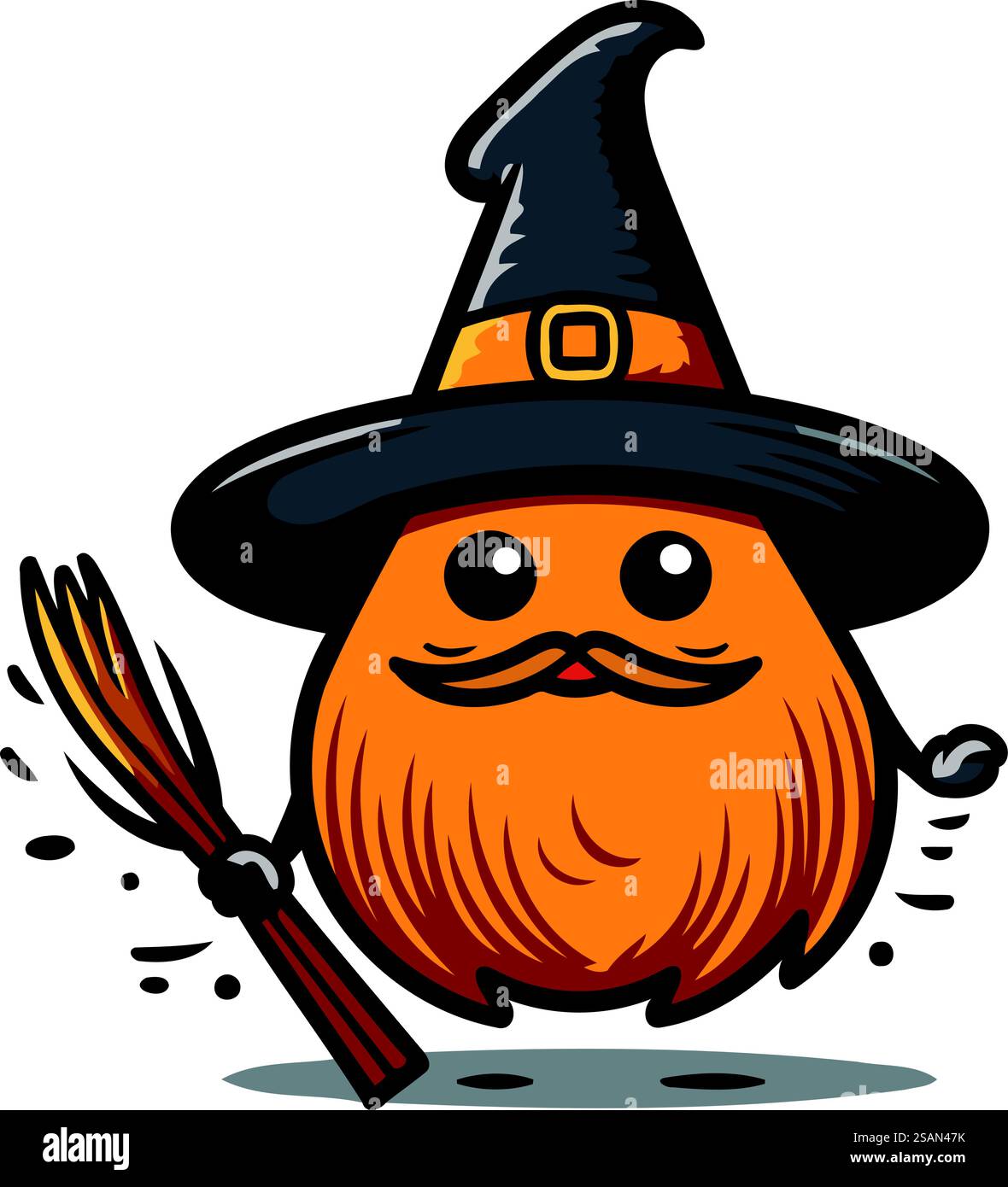 Personnage de mascotte de citrouille d'Halloween avec chapeau de sorcière et balai Illustration de Vecteur