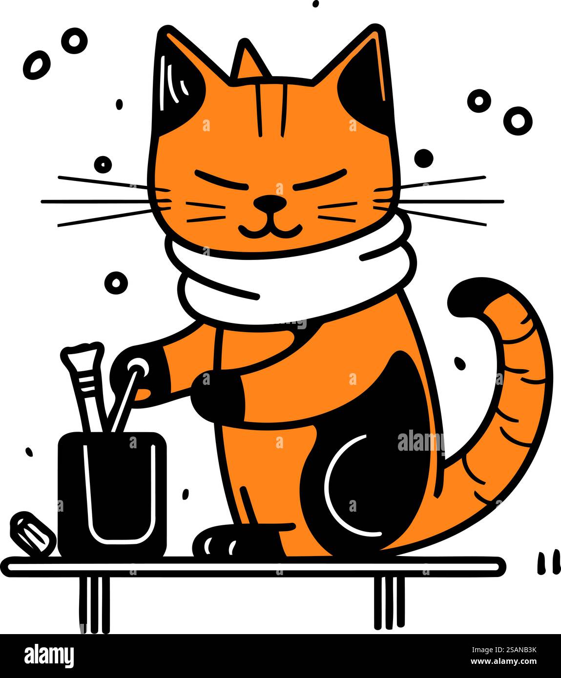 Chat mignon en écharpe assis sur la table. Illustration vectorielle. Illustration de Vecteur