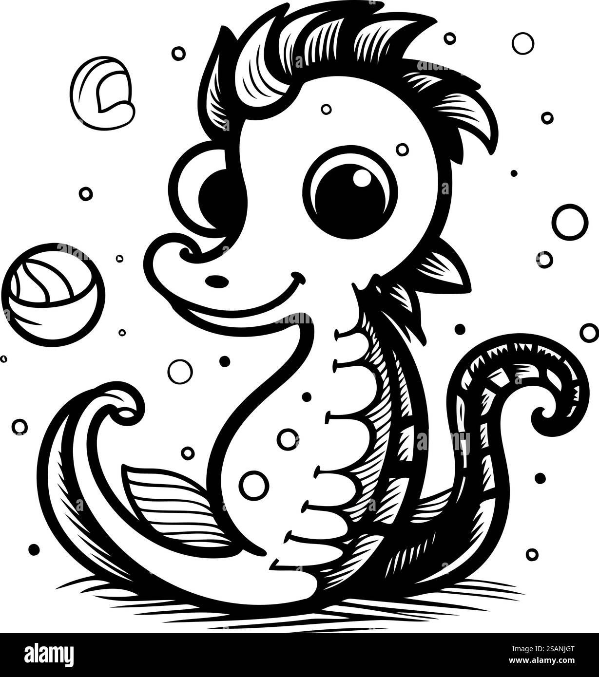 Hippocampe dans la mer. Illustration vectorielle en noir et blanc. Illustration de Vecteur