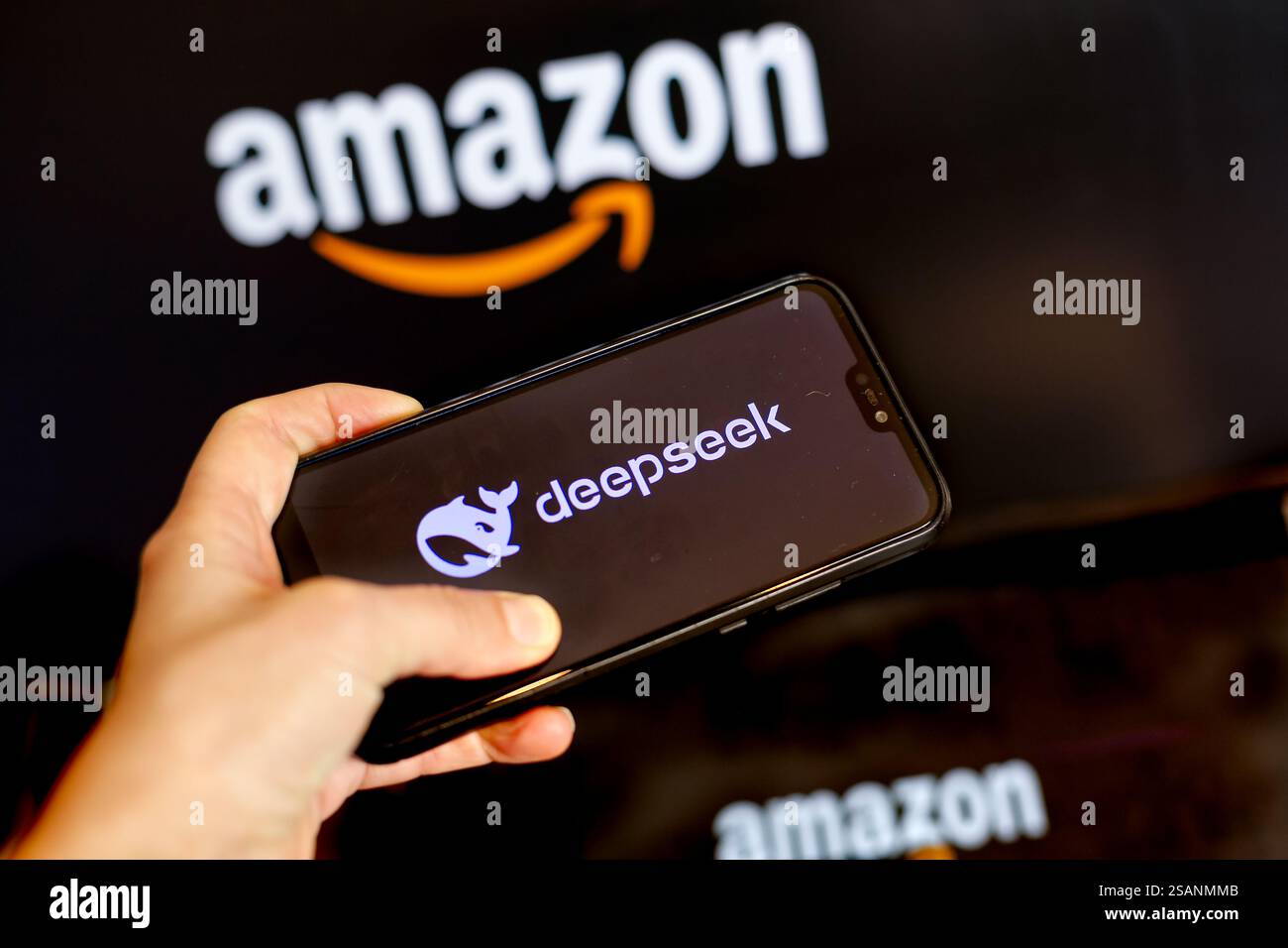 Dans cette illustration photo, le logo Amazon, un développeur d'A.I., est montré sur deux écrans d'ordinateur contre le logo DeepSeek affiché sur un téléphone portable Banque D'Images