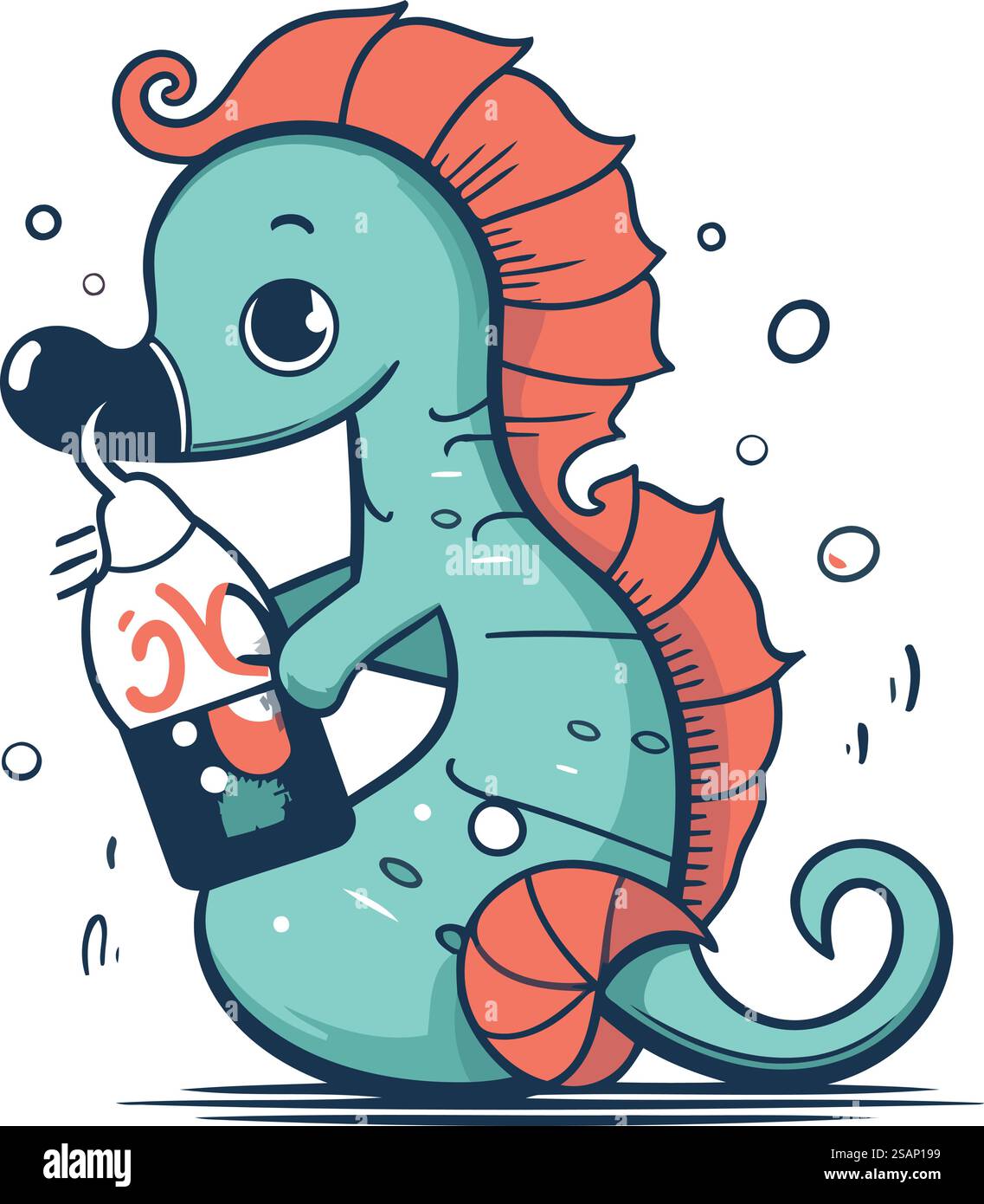 Hippocampe de dessin animé avec une bouteille de vin. Illustration vectorielle. Illustration de Vecteur