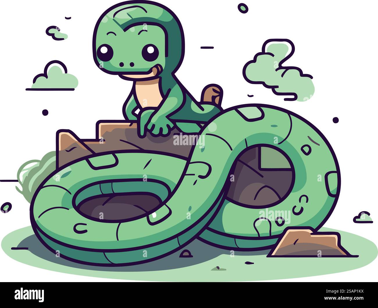 Illustration vectorielle d'un reptile vert mignon assis sur un rocher. Illustration de Vecteur