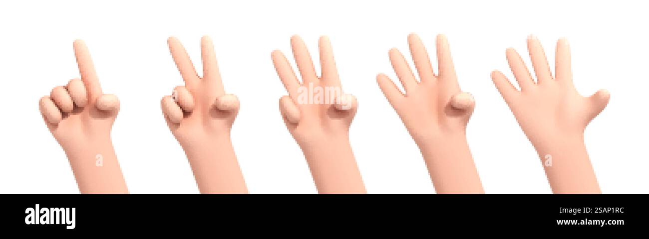 Mains de dessin animé 3D comptant de un à cinq isolées sur fond blanc. Jeu de paumes avec les doigts levés. Ensemble de dessins animés de mains de comptage. Numéros de gestes des mains. Illustration vectorielle 3D. Illustration de Vecteur