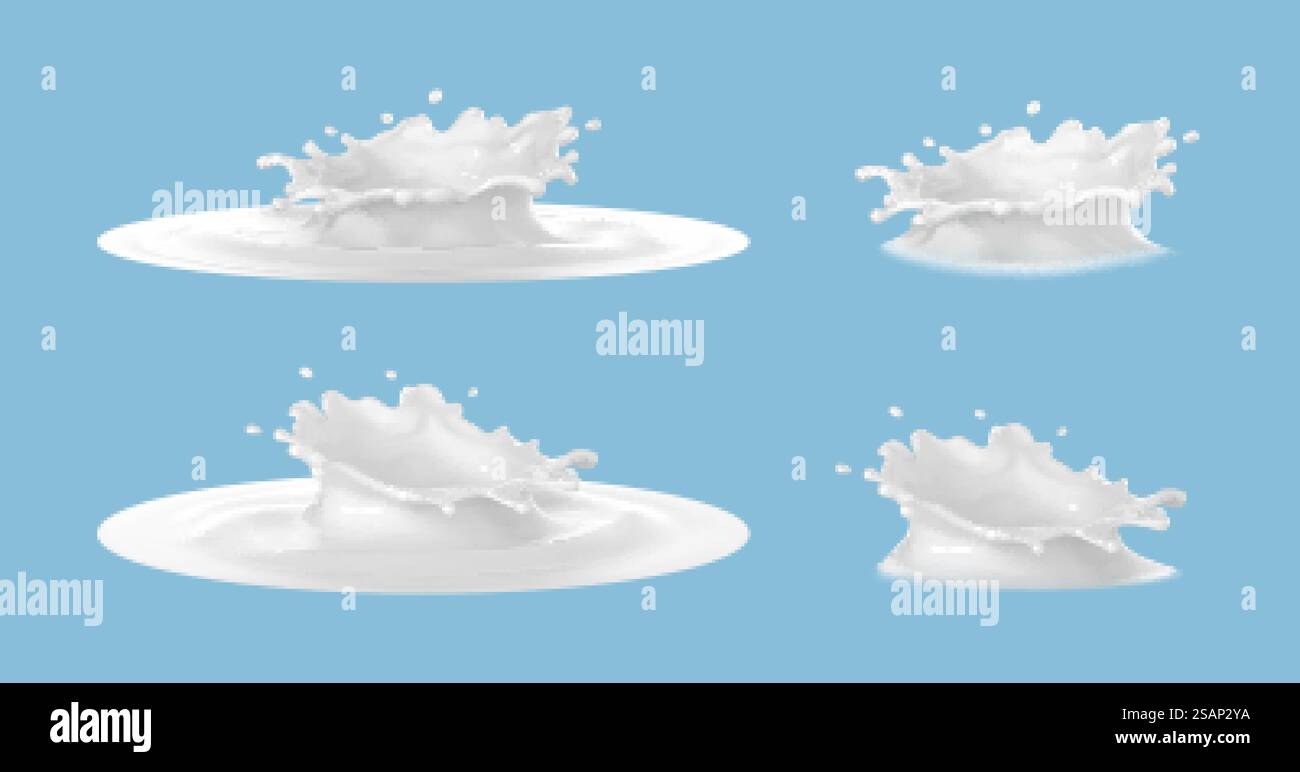 Éclaboussures de couronne de lait isolées sur fond bleu. Vector ensemble réaliste d'éclaboussures de lait. Illustration de Vecteur