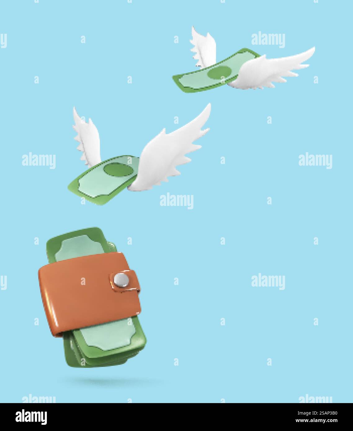 Portefeuille d'argent et billets de banque en dollars volants isolés sur fond bleu. Concept d'argent perdu. Illustration vectorielle 3D. Illustration de Vecteur