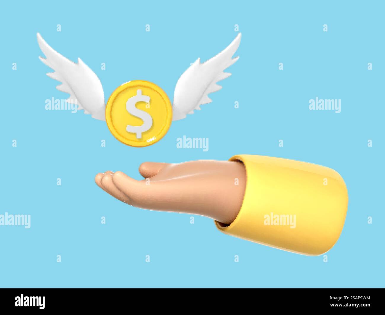 Main de dessin animé 3D tenant la pièce d'un dollar avec des ailes. Voler de l'argent. Économie d'argent, paiement en ligne et concept d'entreprise. Illustration vectorielle 3D. Illustration de Vecteur