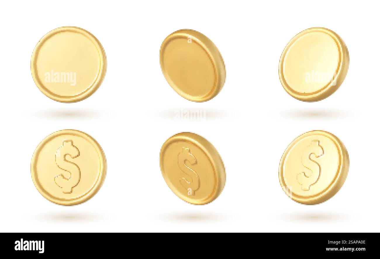 Pièces d'or 3D placées dans différentes positions isolées sur fond blanc. Illustration vectorielle 3D. Illustration de Vecteur