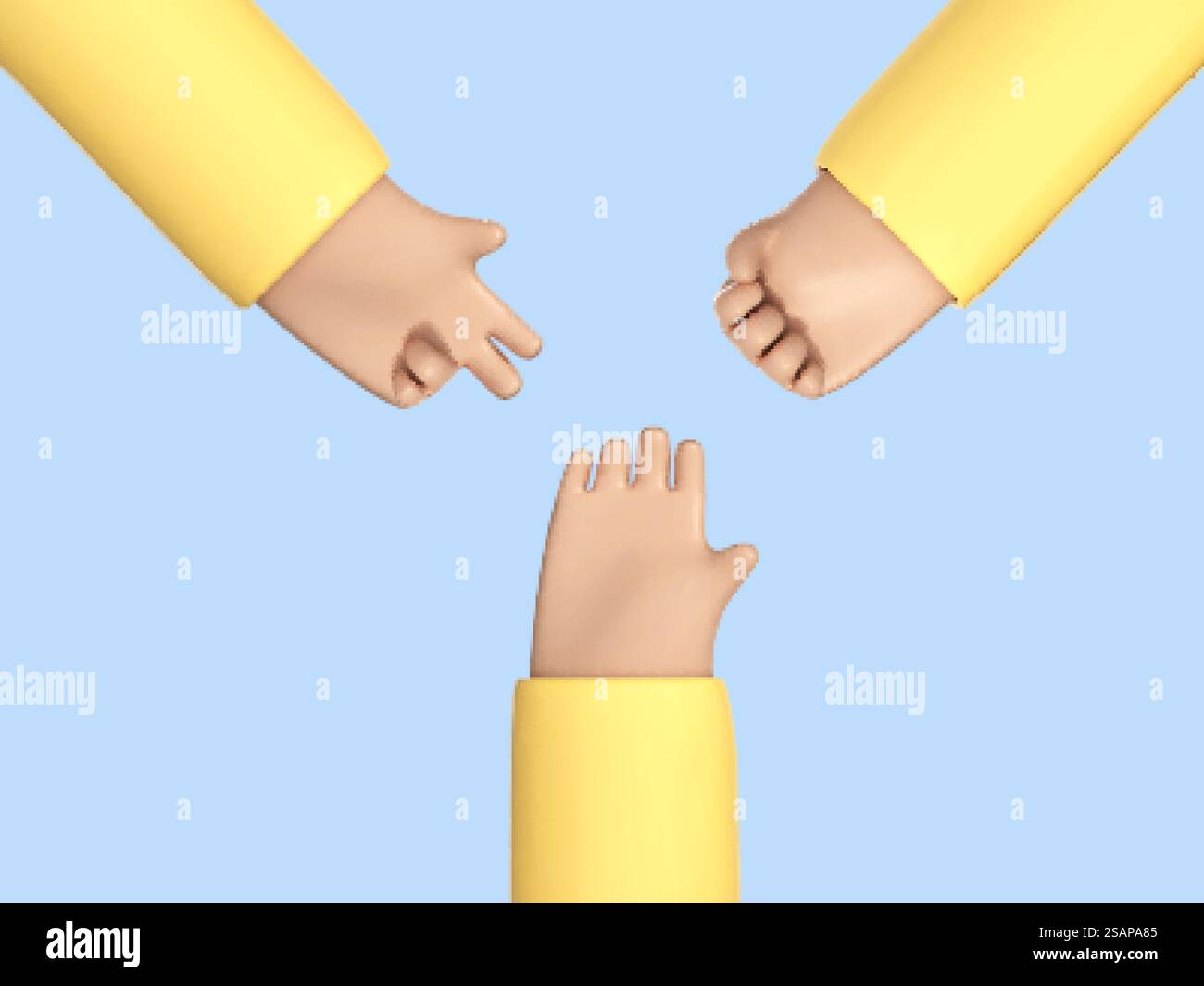 Mains de dessin animé 3D jouent au jeu de ciseaux en papier de roche. Procede de jeu manuel de ciseaux en papier roche. Illustration vectorielle 3D. Illustration de Vecteur