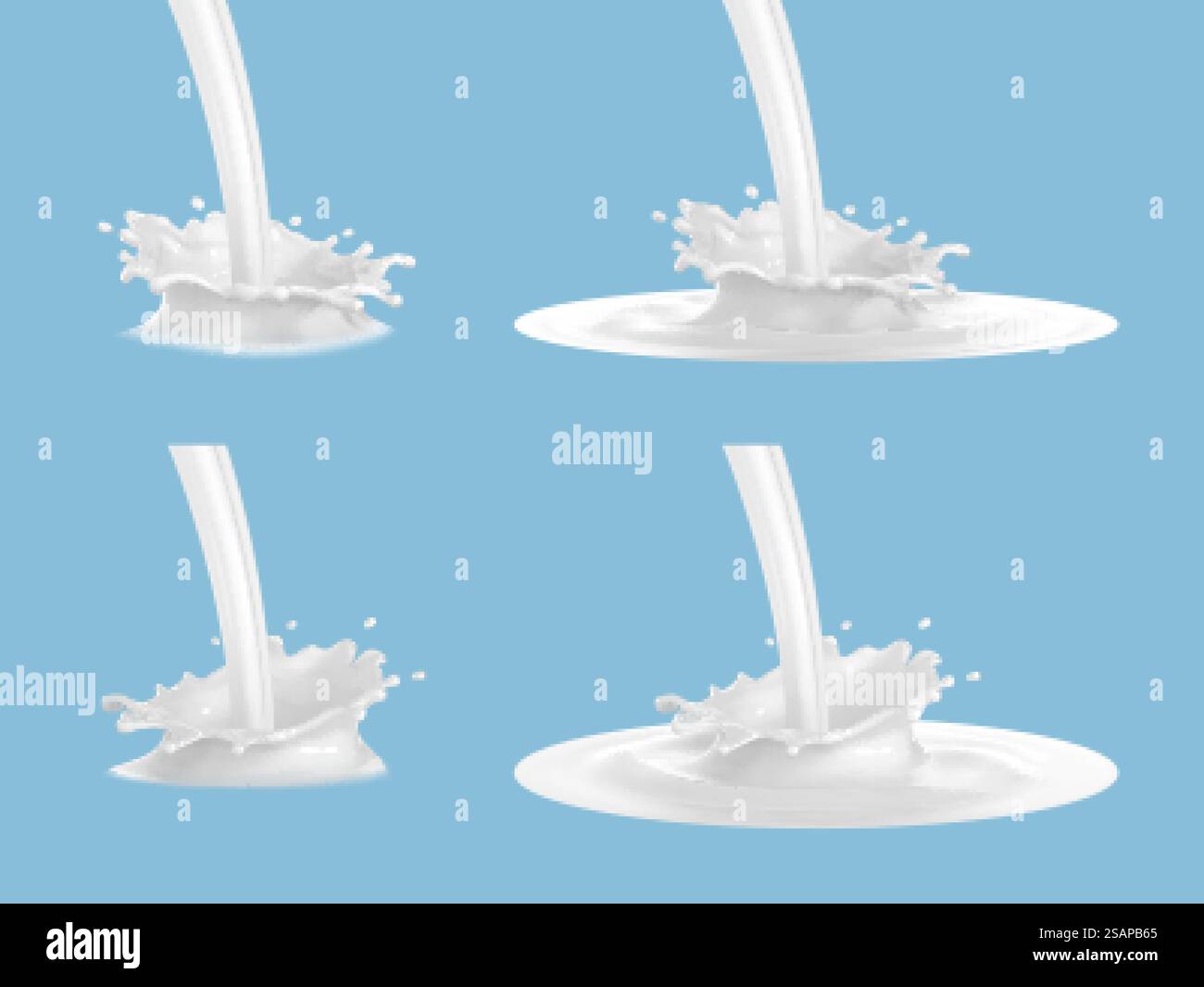 Éclaboussures de couronne de lait isolées sur fond bleu. Vector ensemble réaliste d'éclaboussures de lait. Illustration de Vecteur