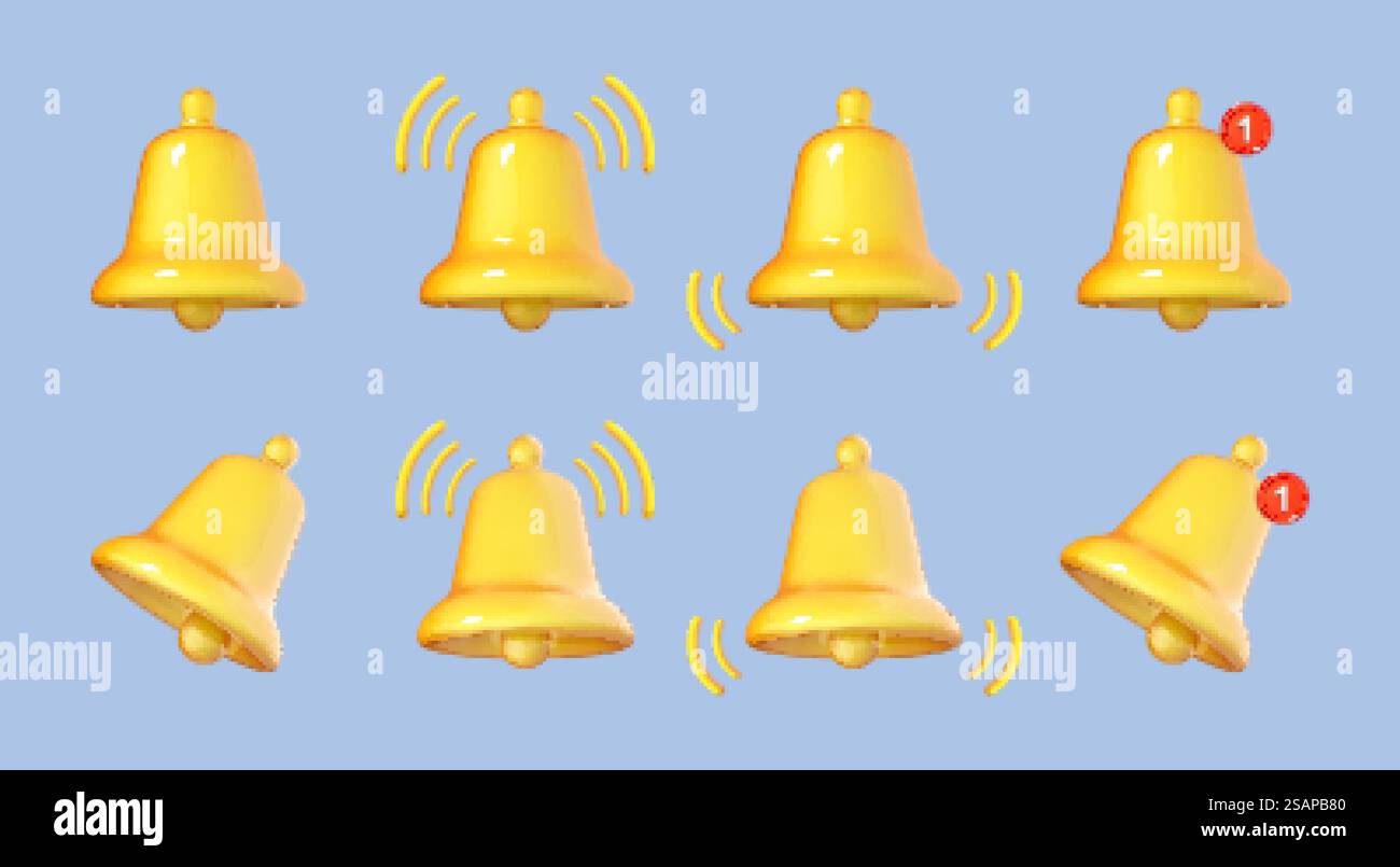 Icône de cloche de notification 3D isolée sur fond bleu. Sonnerie jaune avec nouvelle notification pour rappel de médias sociaux. illustration vectorielle de dessin animé 3d. Illustration de Vecteur