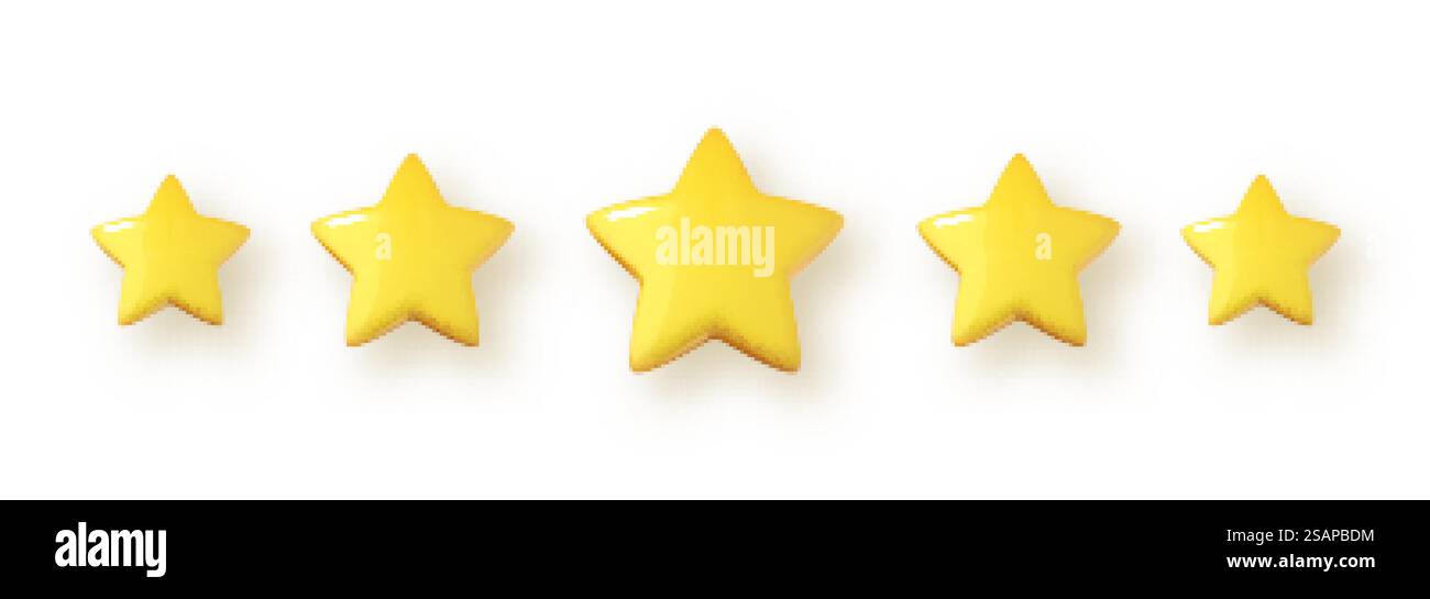 Cinq étoiles jaunes isolées sur fond blanc. Cinq étoiles. Évaluation du produit ou concept de commentaires des clients. Illustration vectorielle 3D. Illustration de Vecteur Cinq étoiles jaunes isolées sur fond blanc. Cinq étoiles. Évaluation du produit ou concept de commentaires des clients. Illustration vectorielle 3D. Illustration de Vecteur