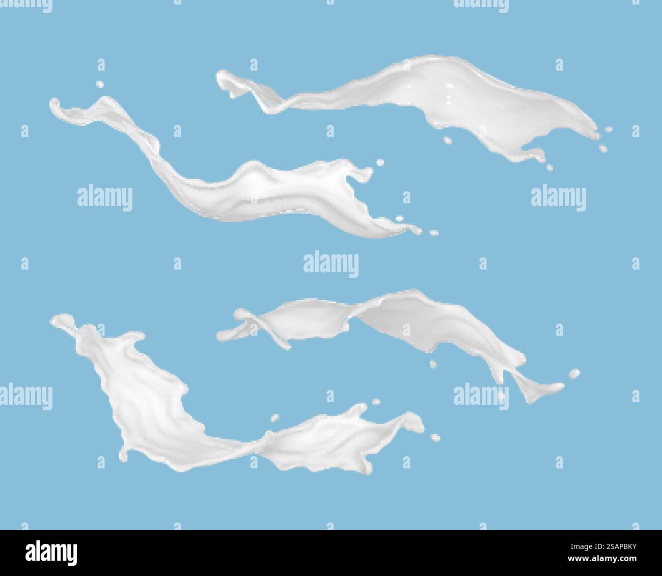 Jeu d'éclaboussures de lait isolé sur fond bleu. Produit laitier naturel, yogourt ou crème splash. Illustration vectorielle réaliste Illustration de Vecteur