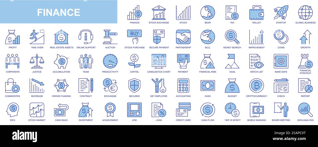 Icônes Web de finance définies dans la conception de ligne bleue. Pack de bourse, prêt, impôt, portefeuille, startup, entreprise mondiale, profit, assistance en ligne, achat, partenariat, autre. Pictogrammes vectoriels de contour Illustration de Vecteur