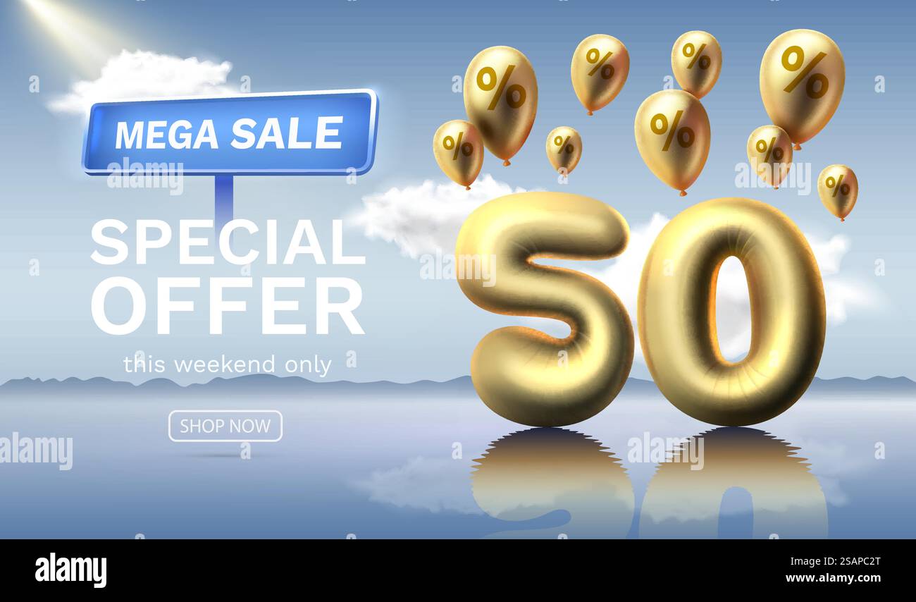 Offre spéciale Mega soldes 50 rabais. Numéro de réduction sur les ballons contre le fond céleste. Bannière et affiche de vente. Vecteur. Offre spéciale Mega soldes 50 rabais. Numéro de réduction sur les ballons contre le fond céleste. Bannière et affiche de vente. Illustration vectorielle. Illustration de Vecteur