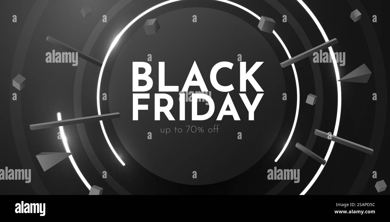 Bannière promotionnelle Premium Black friday. Cadre circulaire noir avec fond néon blanc. Illustration vectorielle. Bannière promotionnelle Premium Black friday. Cadre circulaire noir avec fond néon blanc. Illustration de Vecteur