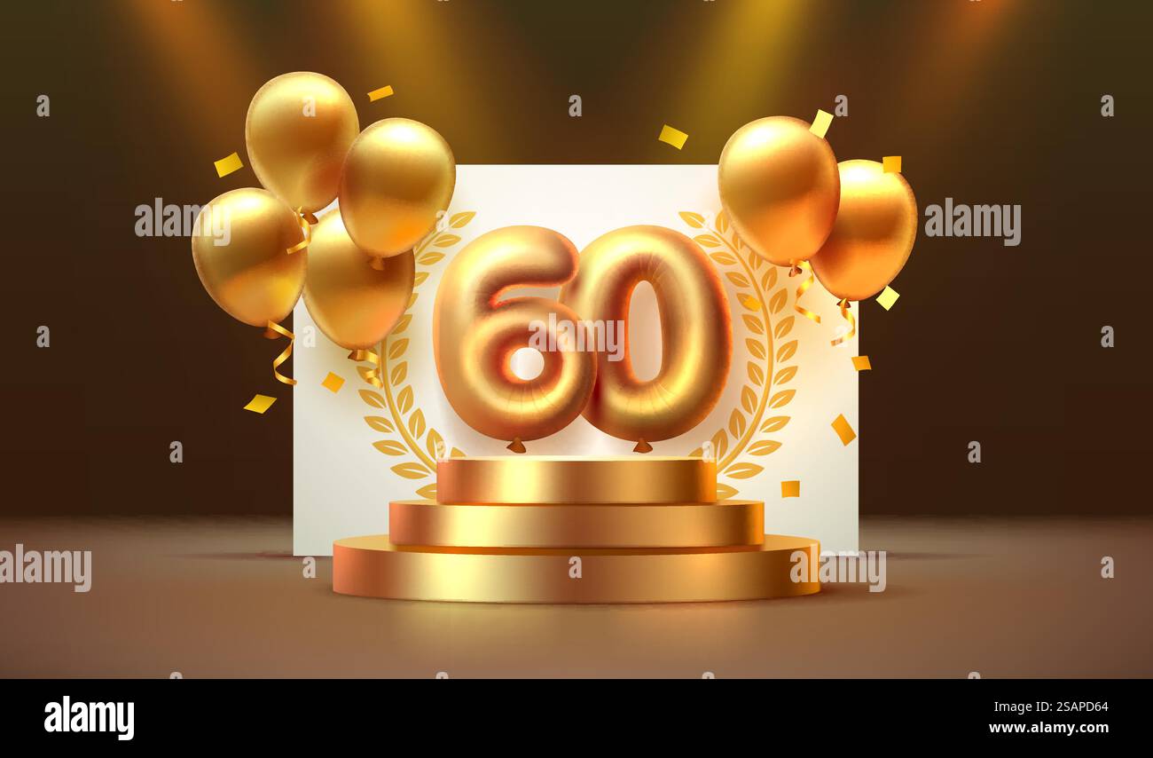 Anniversaire d'anniversaire, numéro 60 sur le podium avec des ballons dorés. Vecteur. Anniversaire d'anniversaire, numéro 60 sur le podium avec des ballons dorés. Illustration vectorielle Illustration de Vecteur