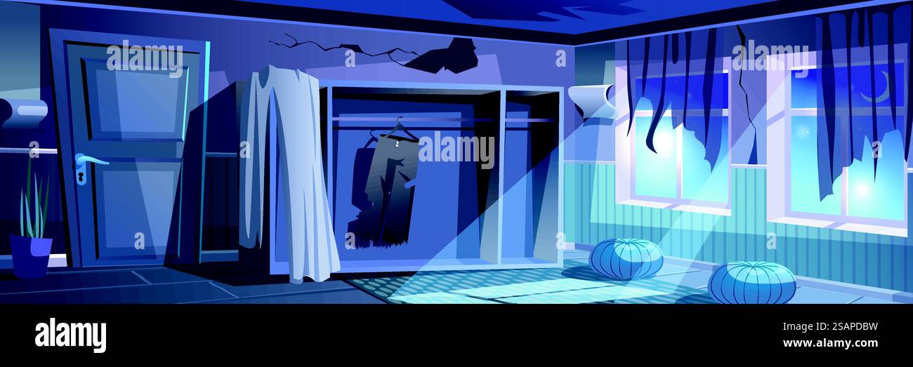 Bannière de fond de chambre sombre abandonnée dans la conception de dessin animé plat. Affiche intérieure de l'appartement de nuit avec fenêtres clair de lune, débris de rideau, trou et fissures sur le mur sale, vieille garde-robe. Illustration vectorielle Illustration de Vecteur