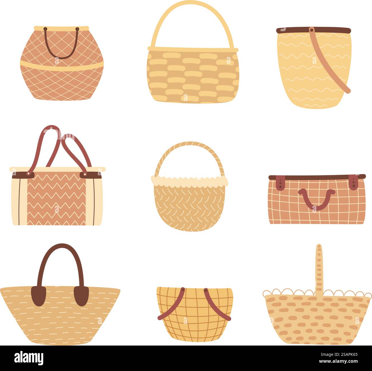 Paniers traditionnels en osier. Conteneurs pour le stockage et le transport de produits. Manger dans la nature. Sacs à main pour pique-nique extérieur ou shopping. Paniers en rotin naturel. Ensemble de sacs de paille faits à la main isolés par vecteur. Paniers traditionnels en osier. Conteneurs pour le stockage et le transport de produits. Manger dans la nature. Sacs à main pour pique-nique extérieur ou shopping. Paniers en rotin naturel. Ensemble de sacs faits à la main de vecteur Illustration de Vecteur