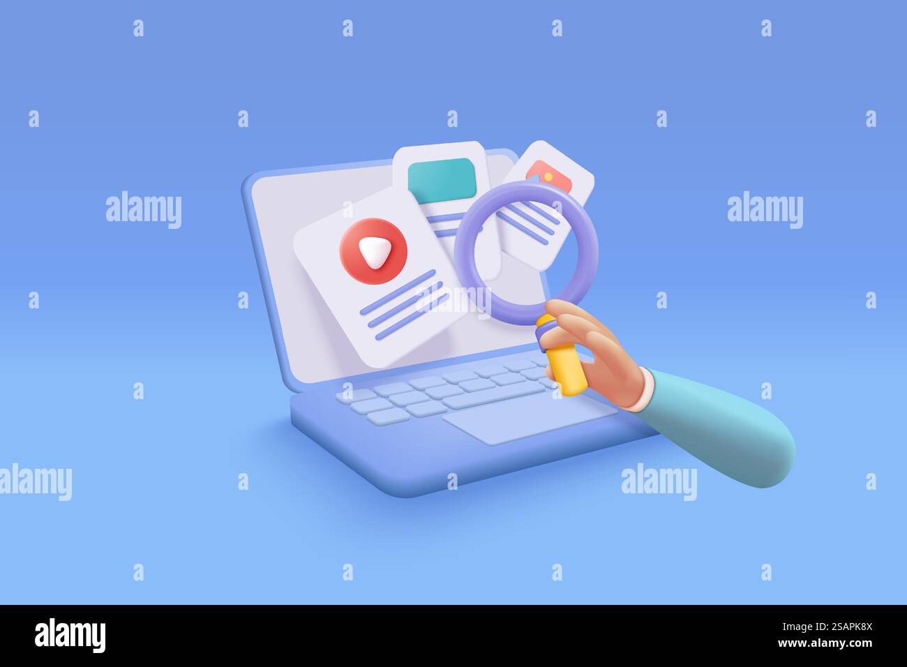 transfert de fichier multimédia 3d du document dans le dossier, recherche vidéo et image dans le cahier, concept de document de recherche. Agrandir dans la main trouver des médias sur ordinateur portable. Illustration de rendu vectoriel de l'icône de recherche 3D. Illustration de Vecteur