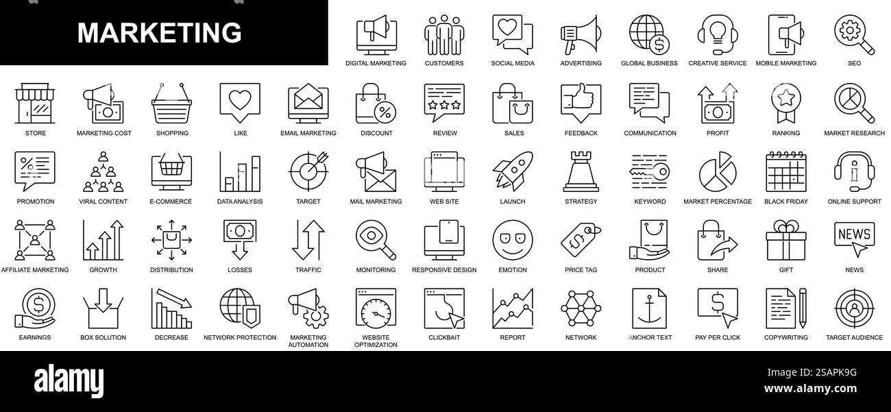 Icônes Web de marketing définies dans la conception de ligne mince. Pack de médias sociaux, publicité, affaires mondiales, seo, contenu viral, achats en ligne, examen, vente, commentaires et autres. Pictogrammes vectoriels de contour Illustration de Vecteur Icônes Web de marketing définies dans la conception de ligne mince. Pack de médias sociaux, publicité, affaires mondiales, seo, contenu viral, achats en ligne, examen, vente, commentaires et autres. Pictogrammes vectoriels de contour Illustration de Vecteur