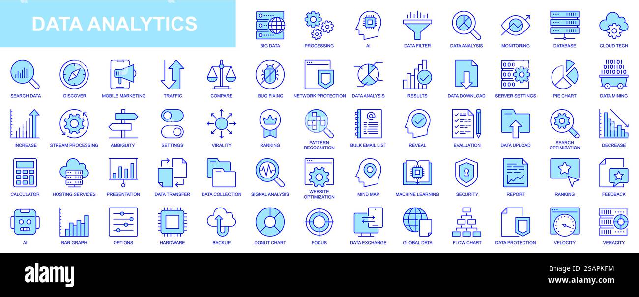 Icônes Web d'analyse de données définies dans la conception de ligne bleue. Pack de base de données, processus Big Data, ai, surveillance, trafic, service d'hébergement, optimisation, sauvegarde, graphique et autre. Pictogrammes vectoriels de contour Illustration de Vecteur