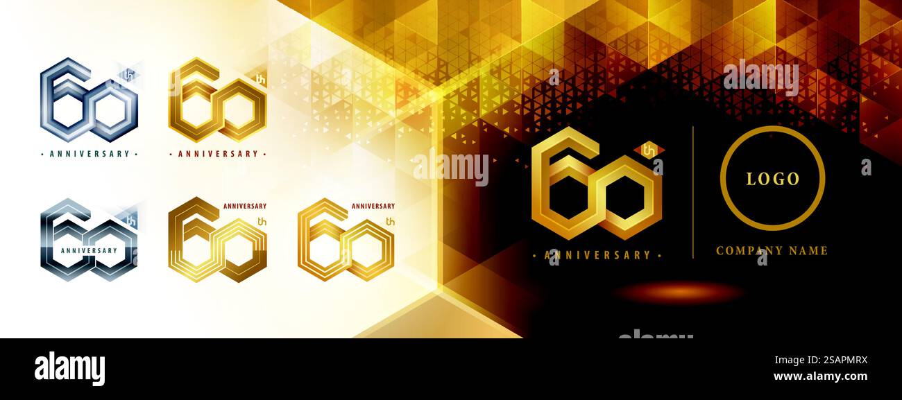 Conception de logotype de 60e anniversaire, célébration d'anniversaire de soixante ans. Abstract Hexagon Infinity logo, 60 ans logo doré pour événement de célébration, invitation. Polygone de réseau géométrique, nombre hexagonal Illustration de Vecteur