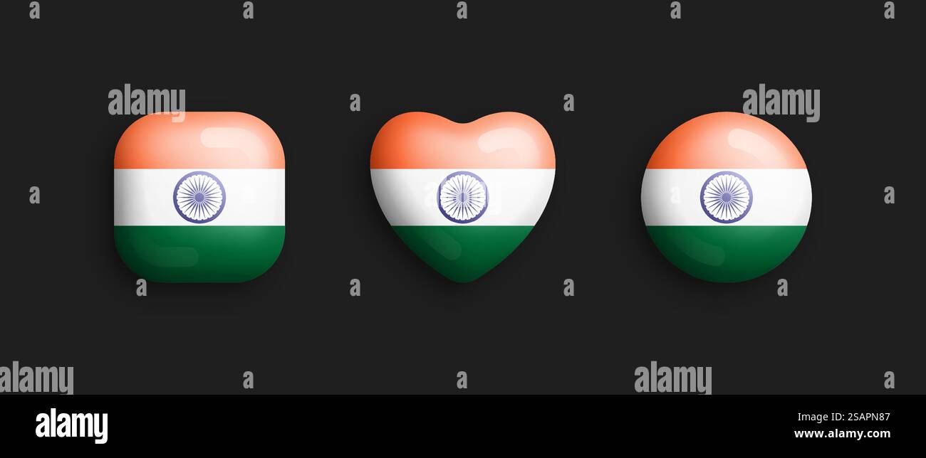 Drapeau national officiel de l'Inde icônes brillantes vectorielles 3D en forme de carré arrondi, de coeur et de cercle isolé sur fond noir. Indien signe et symboles éléments de conception graphique Collection de boutons volumétriques. Drapeau national officiel de l'Inde 3D vecteur Glossy icônes isolé sur fond Illustration de Vecteur