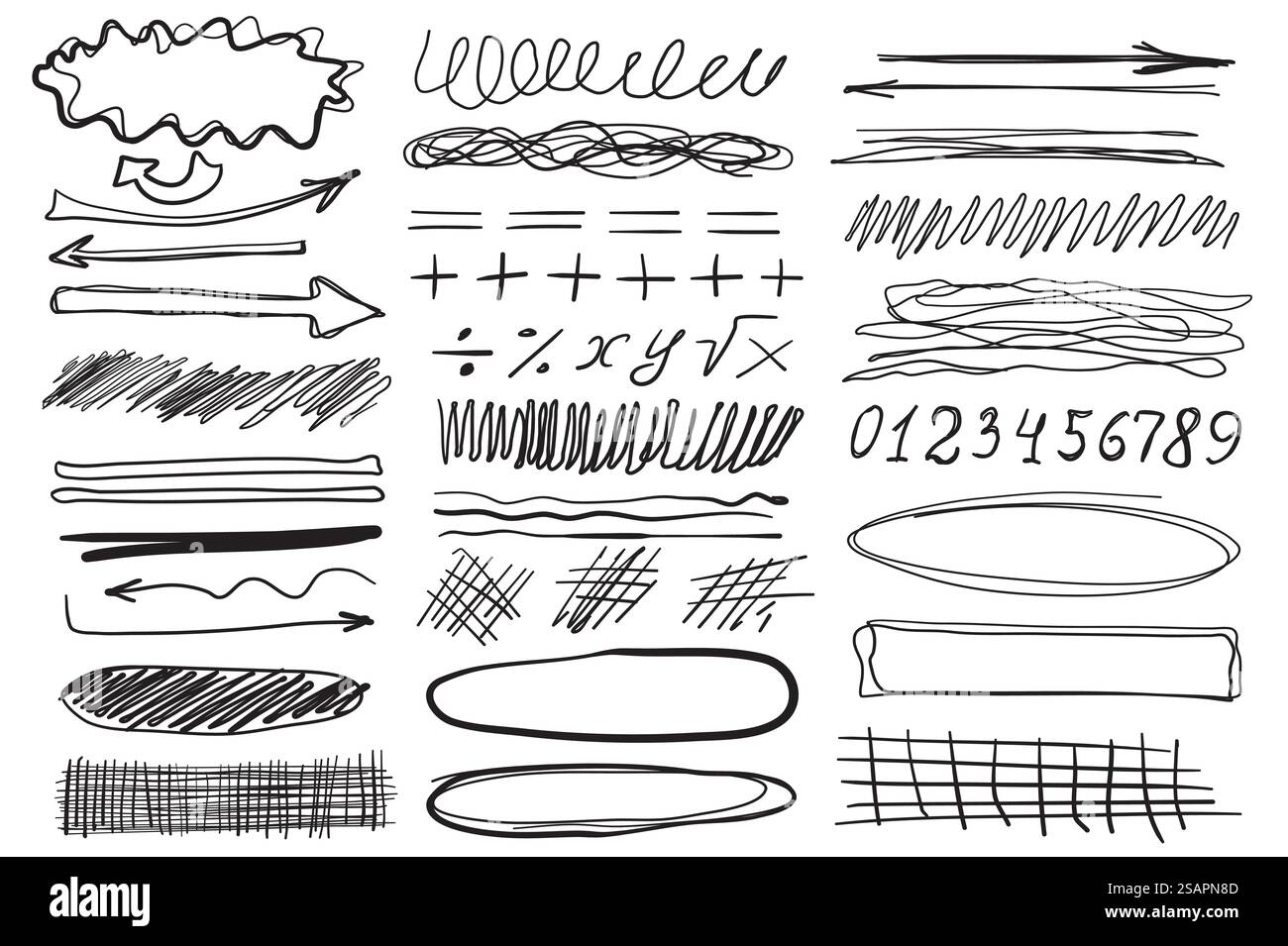 Doodle objets Mega Set dans la conception de dessin animé plat. Faisceau de flèches de ligne d'encre, nombres, plus, égal, division, grilles, textures manuscrites et autres formes. Illustration vectorielle symboles graphiques isolés Illustration de Vecteur