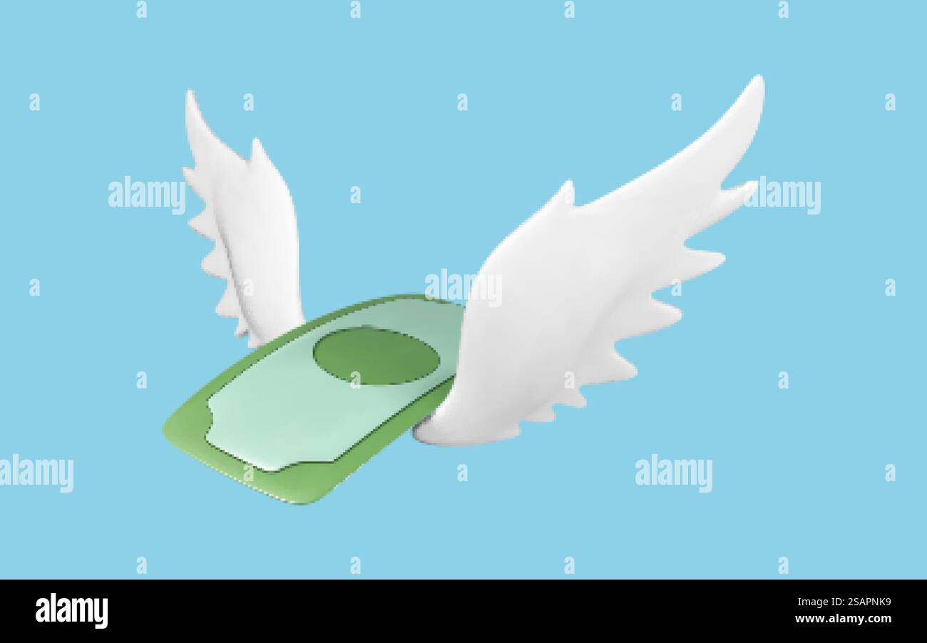 Billet d'un dollar volant avec des ailes blanches isolé sur fond bleu. Concept de perte financière, de dépenses, de paiement de prêt bancaire, d'inflation, de hausse des prix et de revenu facile. Illustration vectorielle 3D. Illustration de Vecteur