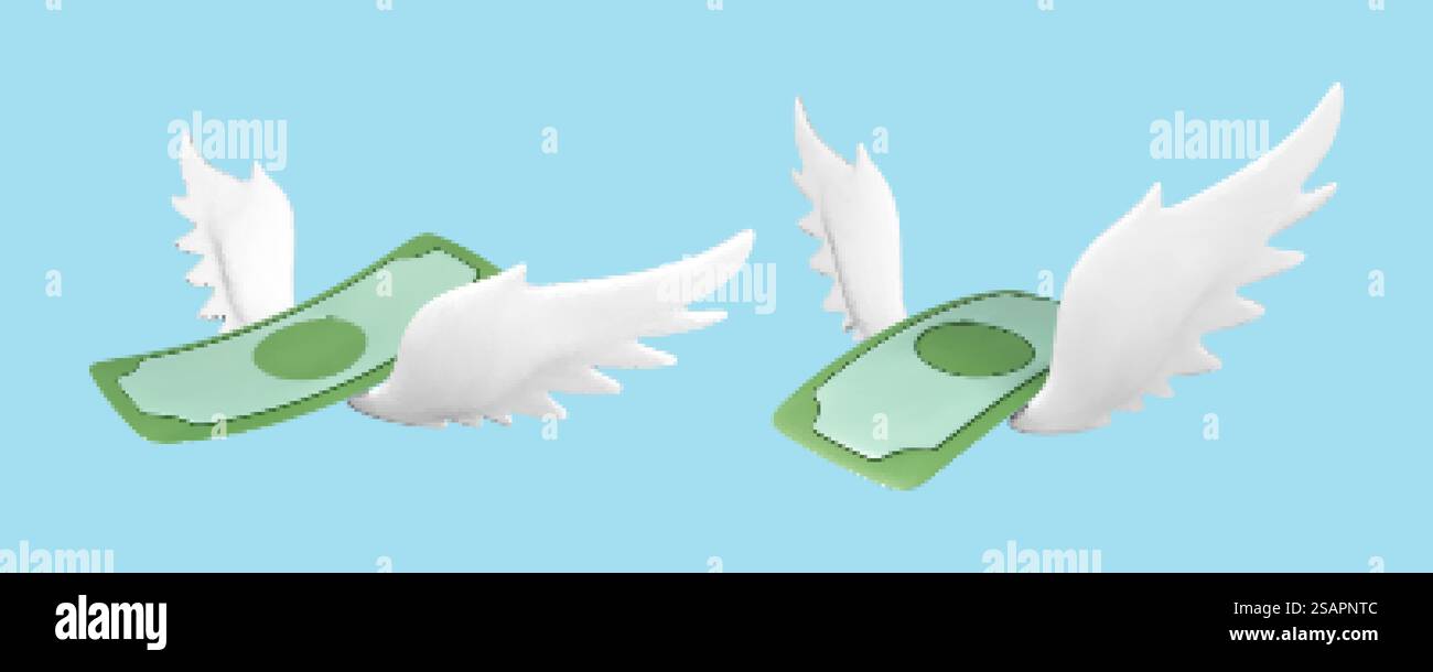 Billets d'un dollar volants avec des ailes blanches isolés sur fond bleu. Concept de perte financière, de dépenses, de paiement de prêt bancaire, d'inflation, de hausse des prix et de revenu facile. Illustration vectorielle 3D. Illustration de Vecteur