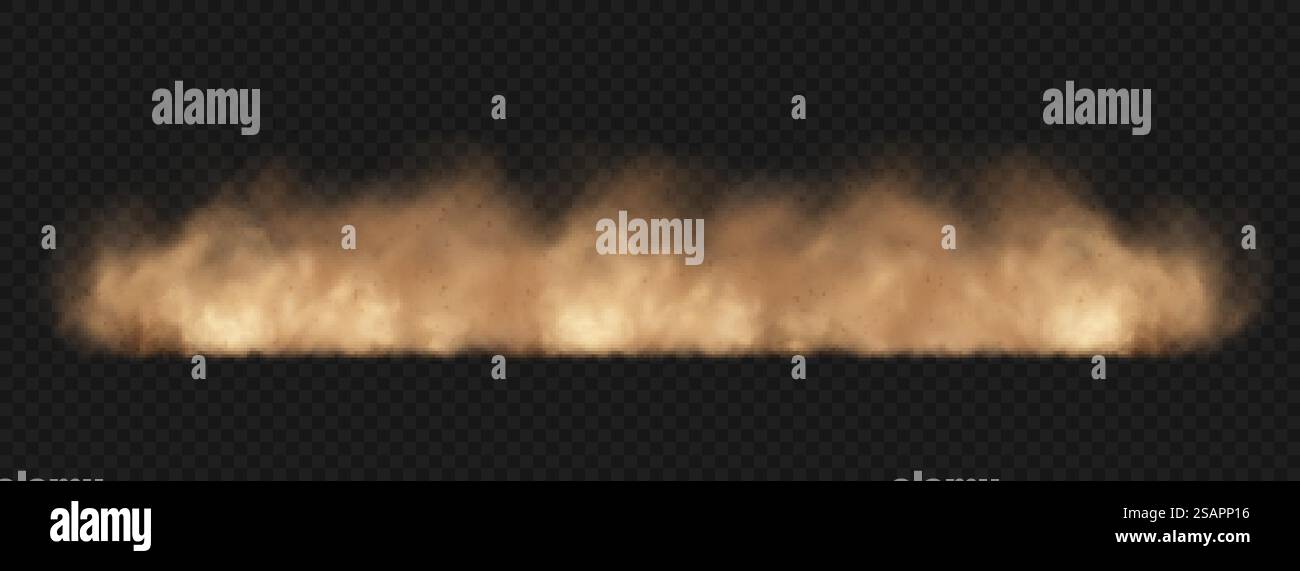 Nuage de sable de poussière avec des pierres et des particules poussiéreuses volantes isolées sur fond transparent. Nuage poussiéreux brun ou sable sec volant. Illustration vectorielle réaliste. Illustration de Vecteur