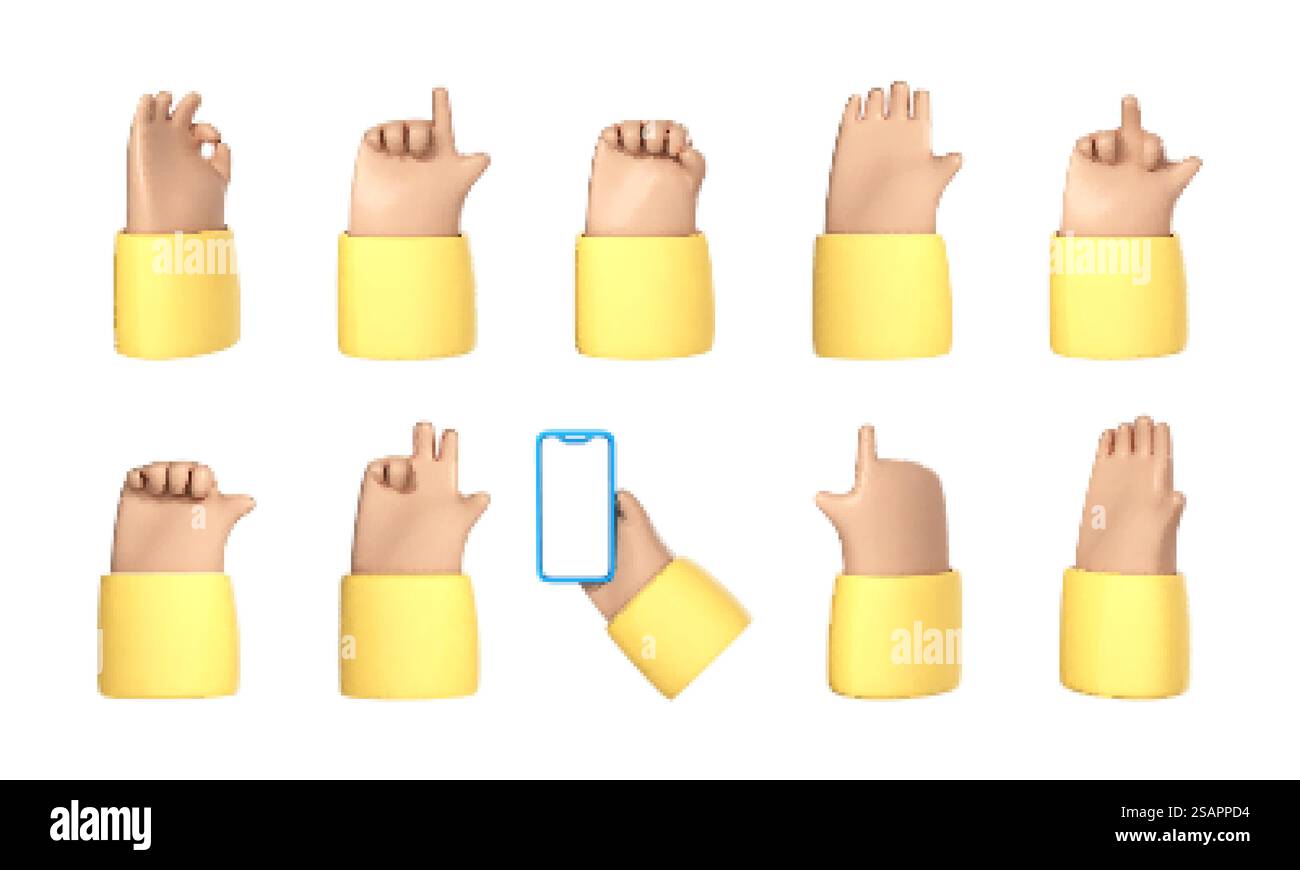 Ensemble de mains de dessin animé 3D. Gestes de main de dessin animé vectoriel isolés sur fond blanc. Illustration de Vecteur