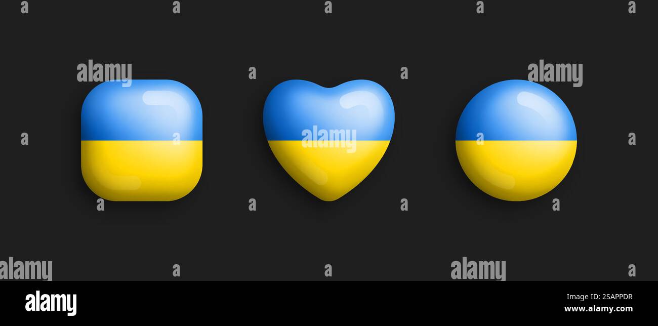 Drapeau national officiel de l'Ukraine icônes brillantes vectorielles 3D dans des formes carrées arrondies, de coeur et de cercle isolent sur fond. Signes ukrainiens et symboles éléments de conception graphique Collection de boutons volumétriques. Drapeau national officiel de l'Ukraine 3D vecteur brillant icônes isolent sur fond Illustration de Vecteur