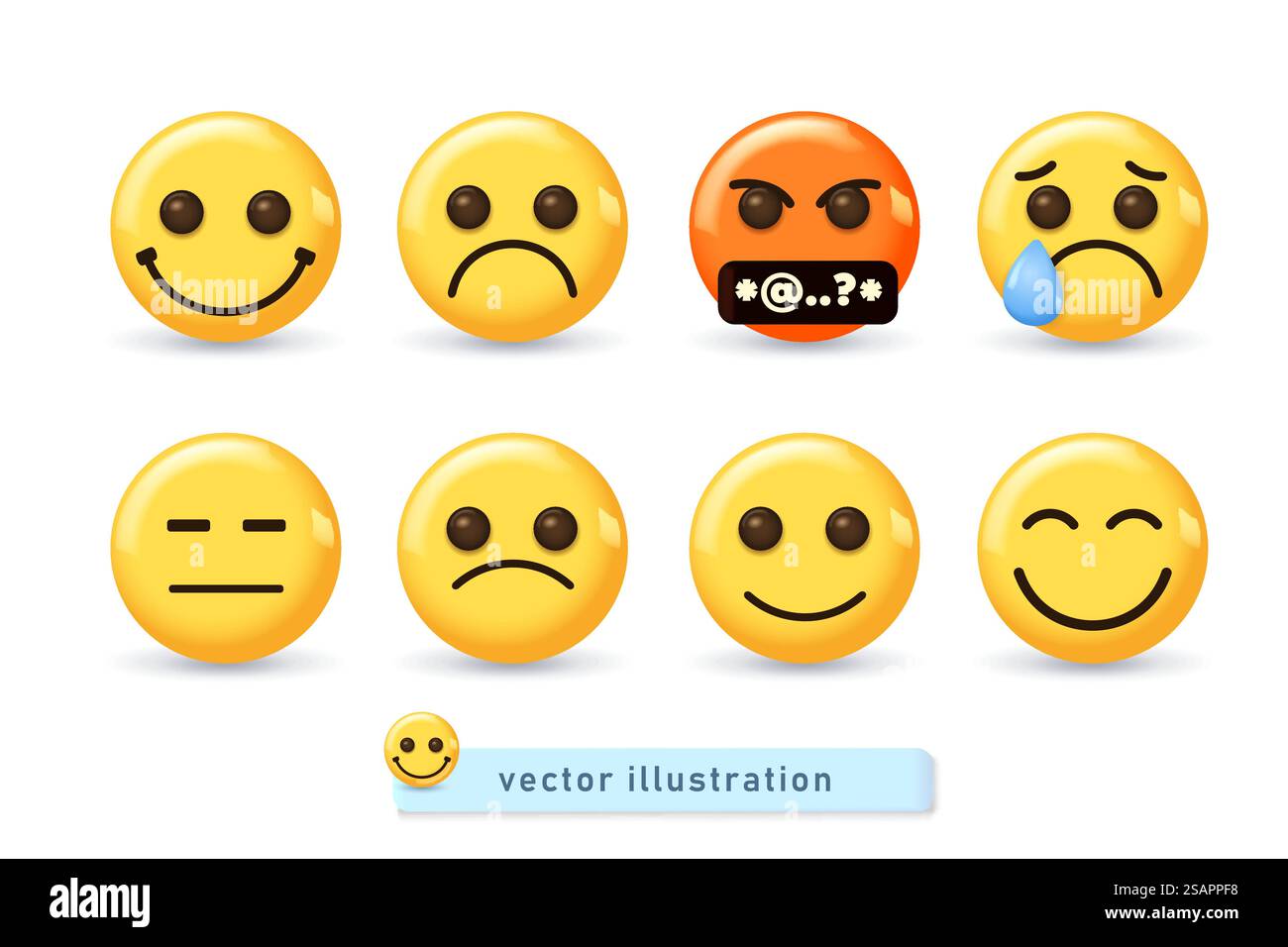 Smiley visage icônes 3d avec des expressions heureuses, personnages sphériques riant, dans l'amour et cool dans les lunettes de soleil, isolé Illustration de Vecteur