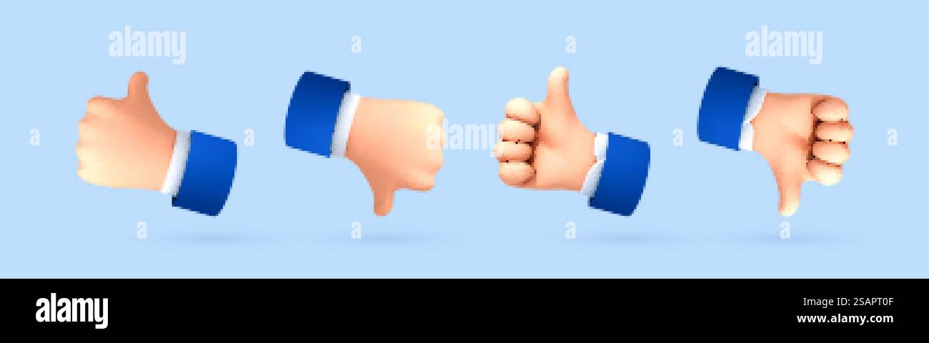 Main de dessin animé 3D avec geste de pouce haut et bas. Concept de signes de vote ou de notation. Illustration vectorielle 3D. Illustration de Vecteur