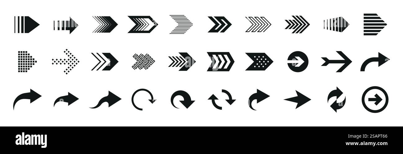 Flèches noires. Icônes graphiques vers le haut et vers le bas. Symboles de silhouette de direction arrière et avant. Maquette des repères de ligne d'orientation et de navigation de l'interface gauche ou droite. Ensemble de signes de pointeur minimal isolé par vecteur. Flèches noires. Icônes graphiques vers le haut et vers le bas. Symboles de silhouette de direction arrière et avant. Maquette des repères de navigation et d'orientation de l'interface gauche ou droite. Ensemble de signes de pointeur isolés par vecteur Illustration de Vecteur