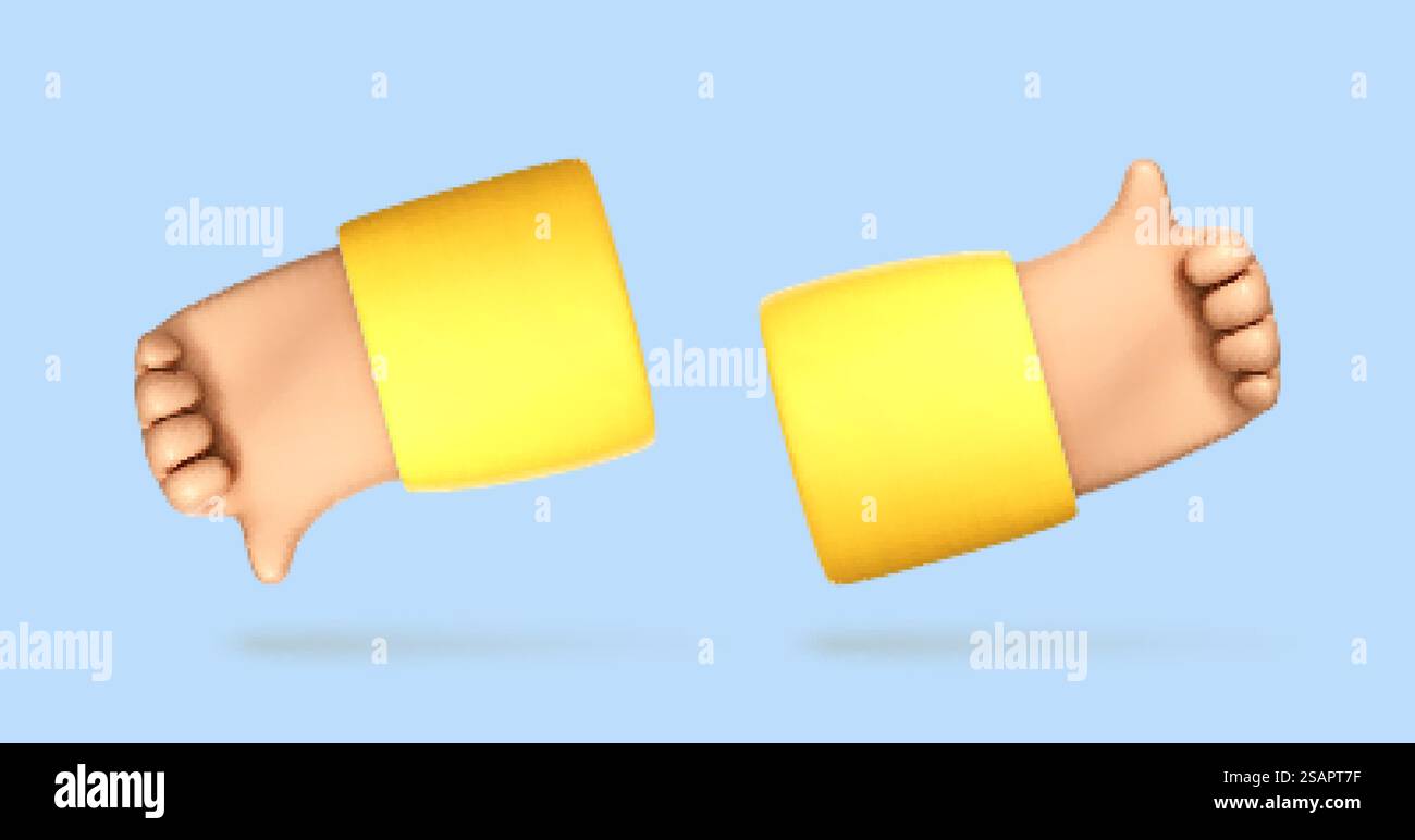Main de dessin animé 3D avec geste de pouce haut et bas. Concept de signes de vote ou de notation. Illustration vectorielle 3D. Illustration de Vecteur