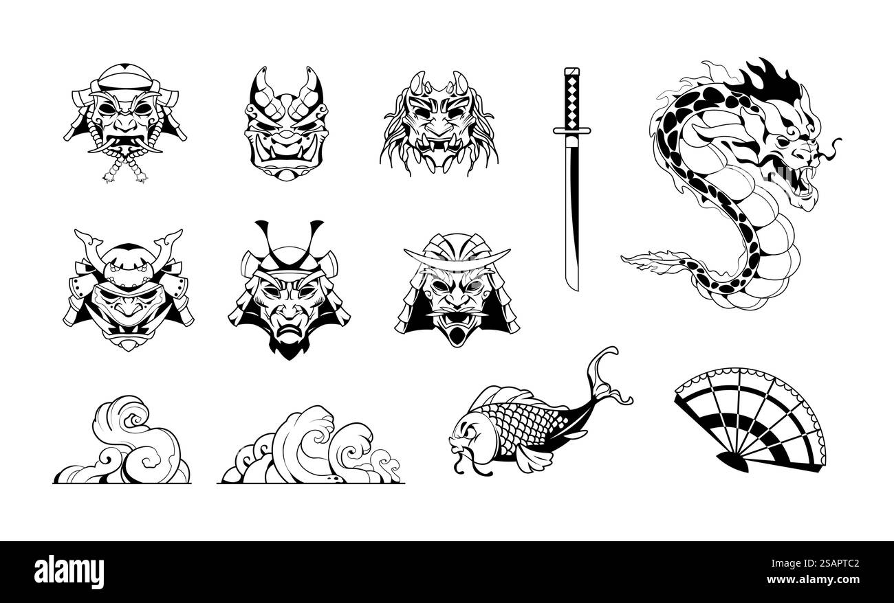 Tatouage samouraï. Clipart japonais avec casque de guerrier et poisson koi. Dragon oriental ou vagues océaniques. Masques de tête de démon. Emblème graphique isolé Ninja. Jeu de badges militaires asiatiques noir et blanc de vecteur. Tatouage samouraï. Clipart japonais avec casque de guerrier et poisson koi. Dragon oriental ou vagues océaniques. Masques démons. Emblème graphique Ninja. Jeu de badges militaires asiatiques noir et blanc de vecteur Illustration de Vecteur