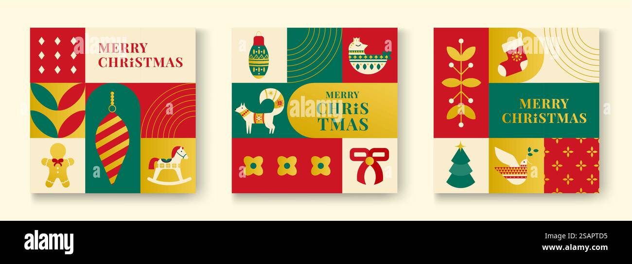 Ensemble de fond de Noël simple, style minimaliste géométrique élégant. Joyeux Noël et bonne bannière du nouvel an. Flocons de neige, décorations et éléments arbres de Noël. Design rétro Clean Illustration de Vecteur