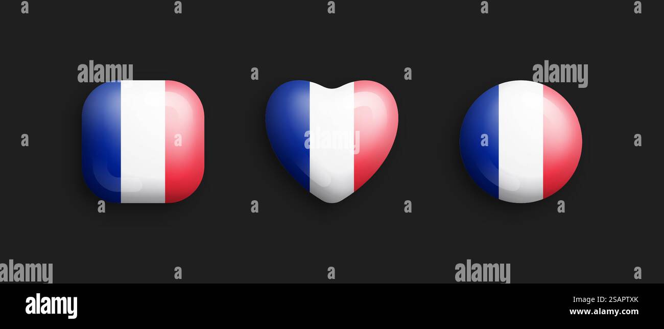 France drapeau national officiel 3D vecteur brillant icônes en carré arrondi, coeur et cercle forme isolé sur fond. Signes français et symboles éléments de conception graphique Collection de boutons volumétriques. France drapeau national officiel 3D vecteur brillant icônes isolé sur fond Illustration de Vecteur