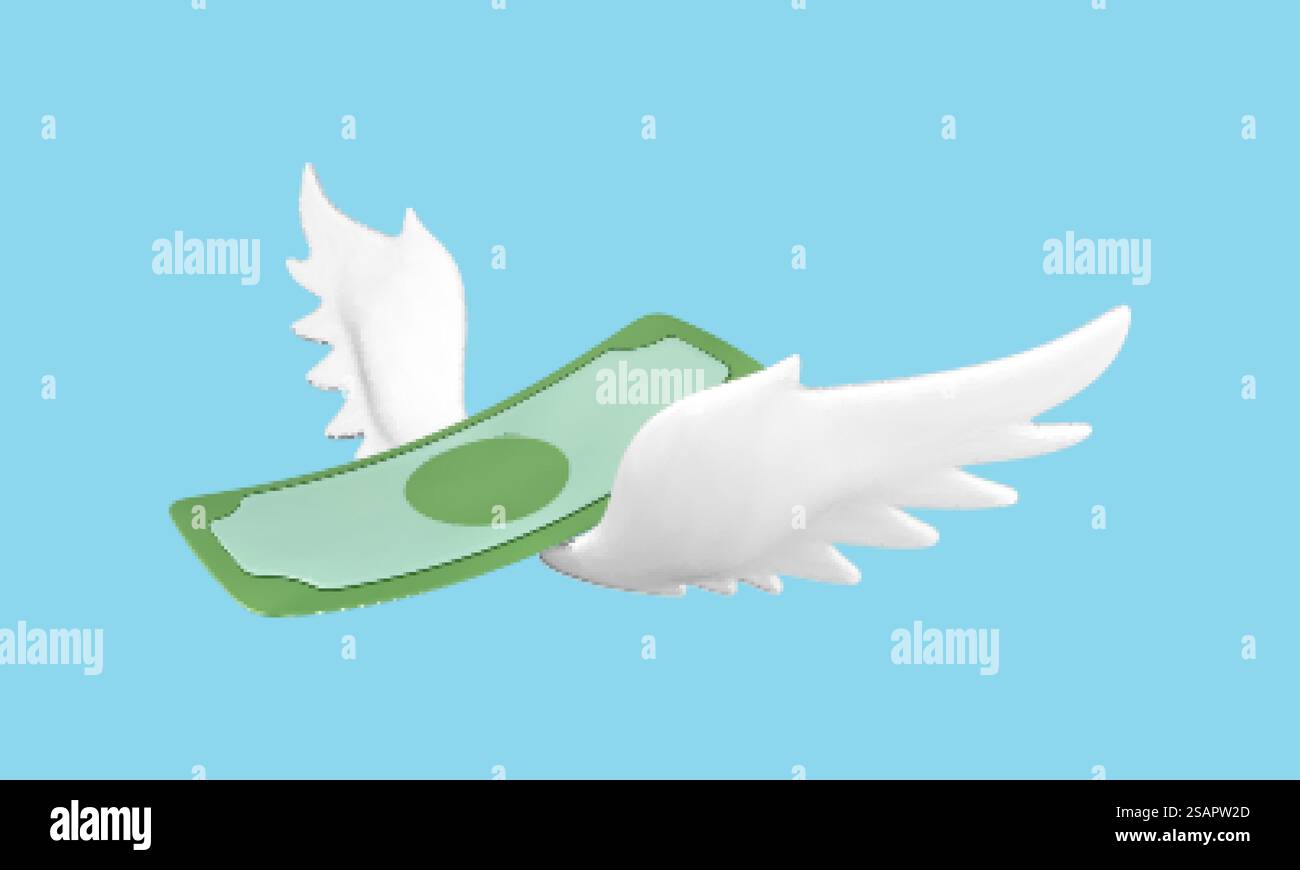 Billet d'un dollar volant avec des ailes blanches isolé sur fond bleu. Concept de perte financière, de dépenses, de paiement de prêt bancaire, d'inflation, de hausse des prix et de revenu facile. Illustration vectorielle 3D. Illustration de Vecteur