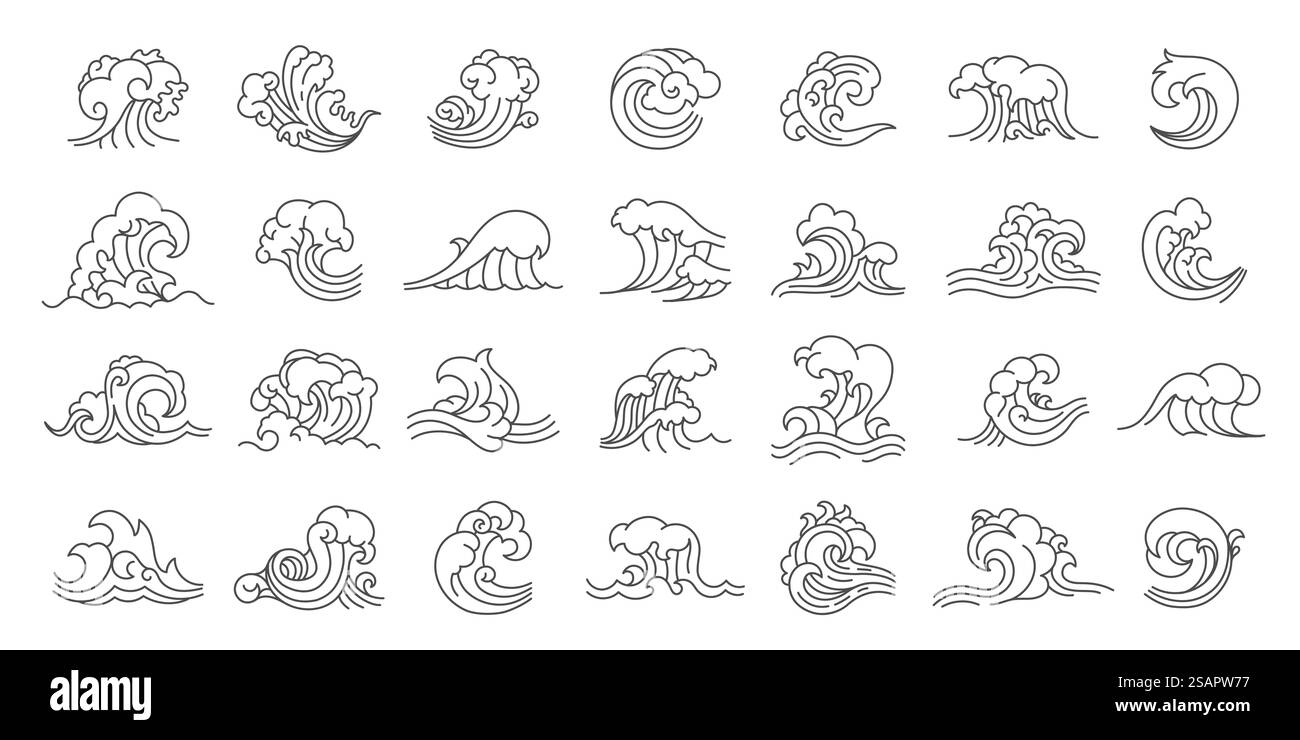 Icônes de lignes japonaises. Pictogrammes orientaux à vagues droites, éléments décoratifs abstraits linéaires décoratifs à l'eau. Collection isolée traditionnelle de vecteur d'illustration d'onde de motif de ligne. Icônes de lignes japonaises. Pictogrammes orientaux à vagues droites, éléments décoratifs abstraits linéaires décoratifs à l'eau. Collection isolée traditionnelle de vecteur Illustration de Vecteur